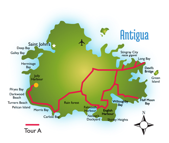 Cartina di Antigua con il percorso del Tour A